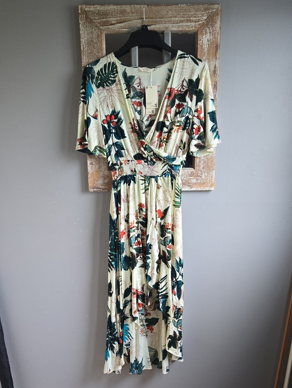 Cream Floral Wrap Midi Dress with Green & Red Print